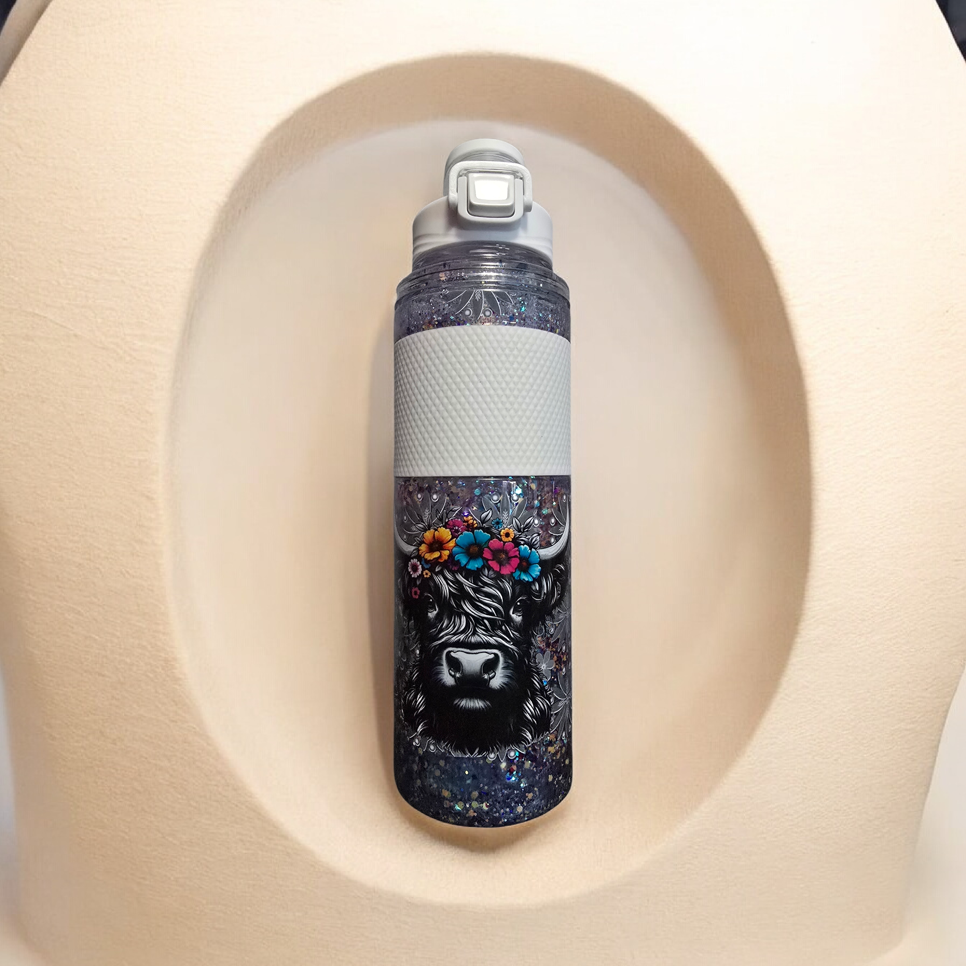 Black Cow-32oz plastic water bottle(double walled snow globe)