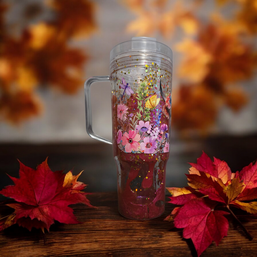 Brown Cow with flowers-40oz acrylic w/handle