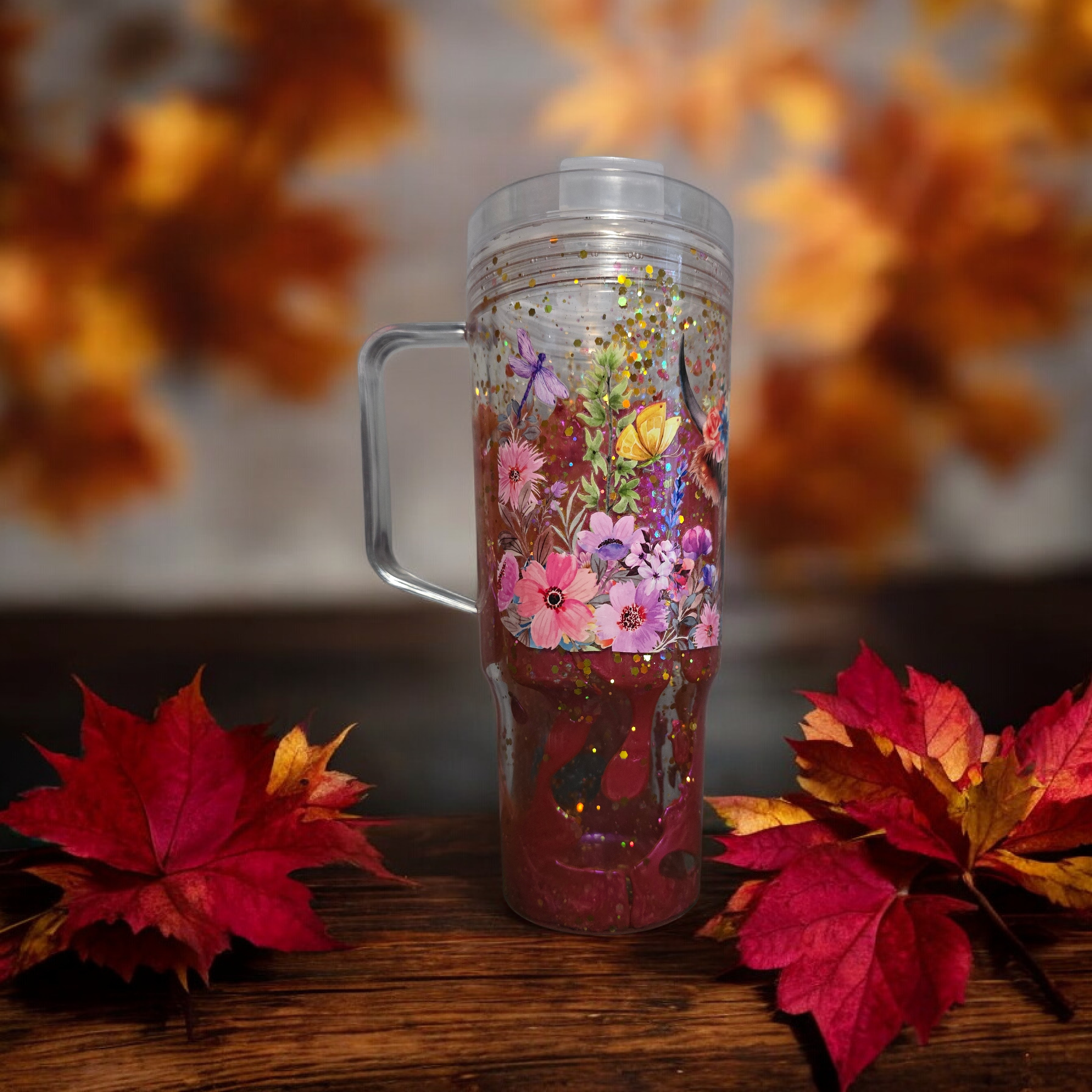 Brown Cow with flowers-40oz acrylic w/handle