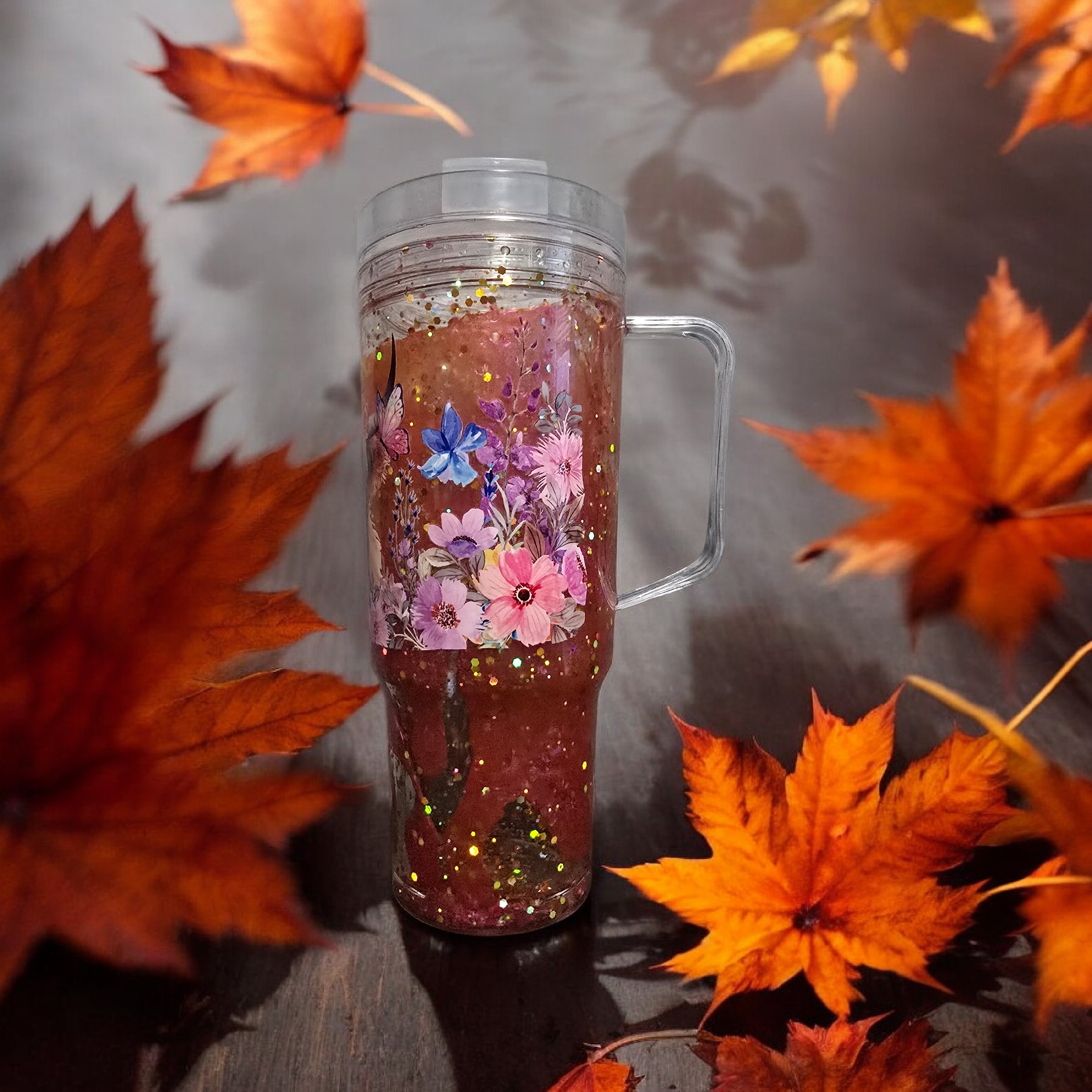 Brown Cow with flowers-40oz acrylic w/handle