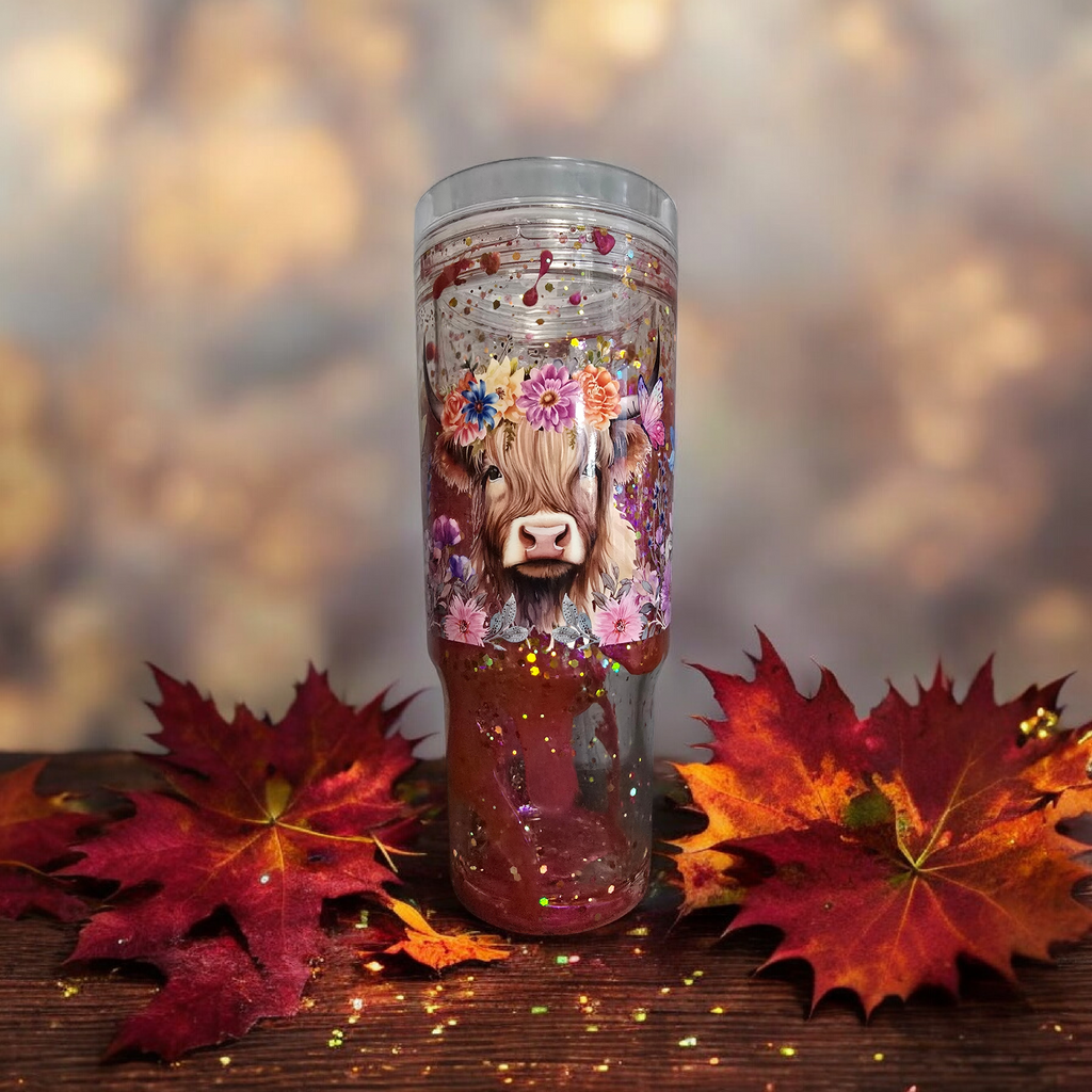 Brown Cow with flowers-40oz acrylic w/handle